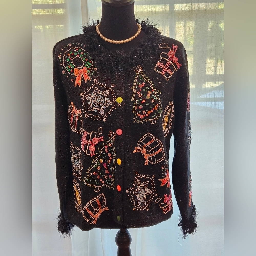 Design Options Philip & Jane Gordon MED Knit Cardigan Christmas Sweater Holiday